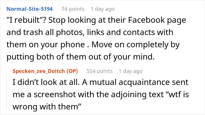 Screenshot of a Reddit conversation about a guy finding out his ex-wife and her new husband changed their name to his.