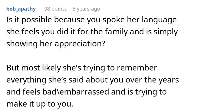 Comment suggesting the husband&rsquo;s parents appreciate speaking their native language as a family gesture and apology.