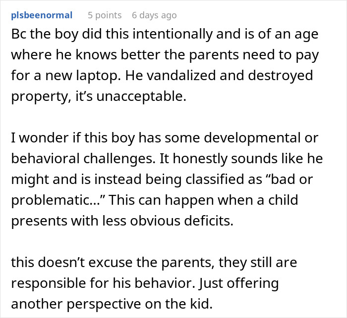 Reddit comment discussing kid pouring water on babysitter&rsquo;s laptop after smashing it, highlighting behavior and responsibility.