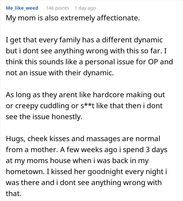 Text conversation discussing woman struggling with boyfriend being affectionate with his mom and questioning if she is overthinking.