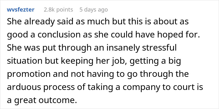 Screenshot of a comment discussing an overweight woman deemed unfit by a new manager to see clients and advised to take time off.