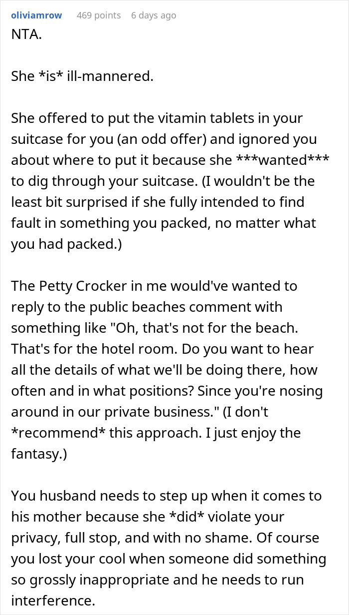 Comment discussing MIL criticizing bikini and invading privacy by searching through suitcase without permission