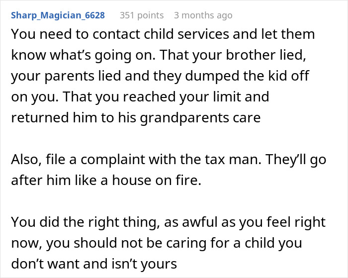 Alt text: Comment advising to contact child services about single mom abandoning toddler and parents trying to restart life.