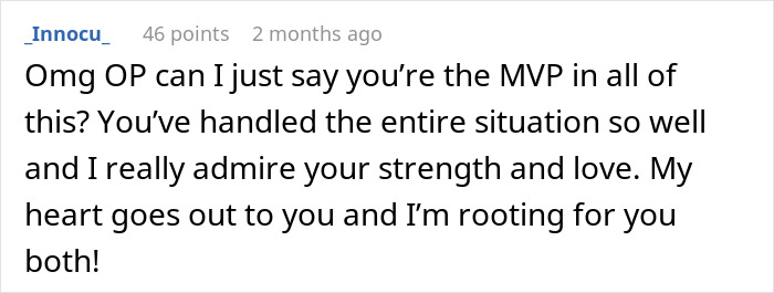 Comment praising OP's strength and love in handling the situation about trading wife for younger woman and twin brother offer.