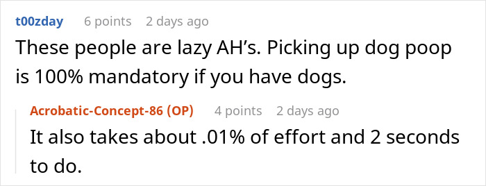 Screenshot of an online discussion where users emphasize respect and responsibility of dog owners picking up dog poop.