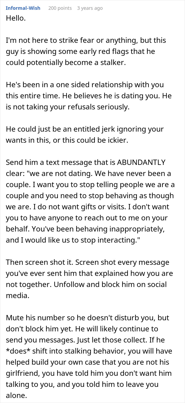 Text advice on dealing with a guy who wrongly considers a woman his girlfriend after one date and sends anniversary gifts.