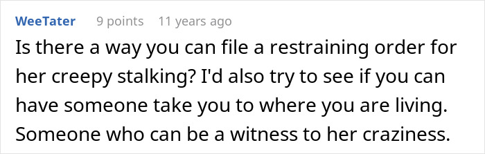 Screenshot of an online comment discussing filing a restraining order due to creepy stalking related to mother poisoned concerns.
