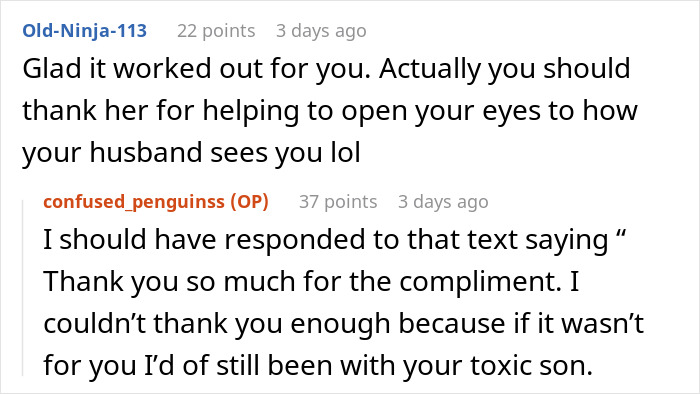 Screenshot of a Reddit conversation about a woman learning what her husband really thinks of her body.