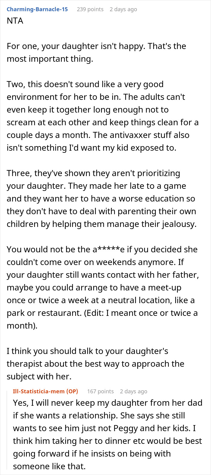 Reddit discussion on dad paying $300 child support and mom giving him a reality check about controlling their 10-year-old's life.