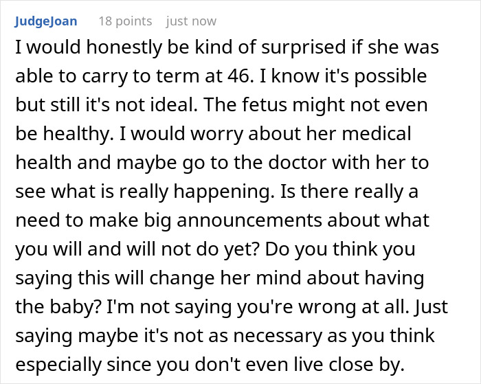 Comment discussing concerns about a 46-year-old getting pregnant and expecting adult kids to provide 24/7 help.