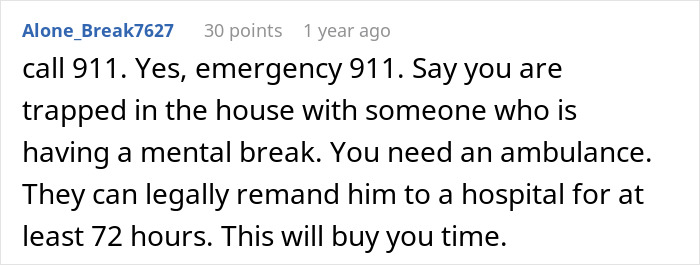 Text post about calling 911 during a mental break emergency, highlighting urgent advice and safety tips.