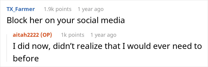 Screenshot of social media comments where a woman is advised to block her sister after rejecting money requests. Screenshot of social media comments where a woman is advised to block her sister after rejecting money requests.