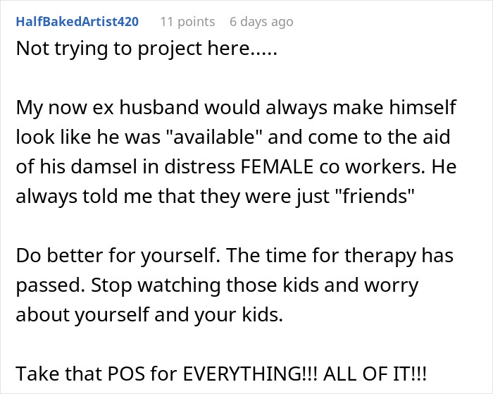 Screenshot of a Reddit comment discussing suspicions about husband&rsquo;s coworker and free nannying of girlfriend&rsquo;s children.