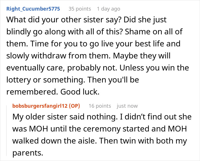 Reddit conversation revealing family favoritism as bride tries to erase twin during wedding ceremony.
