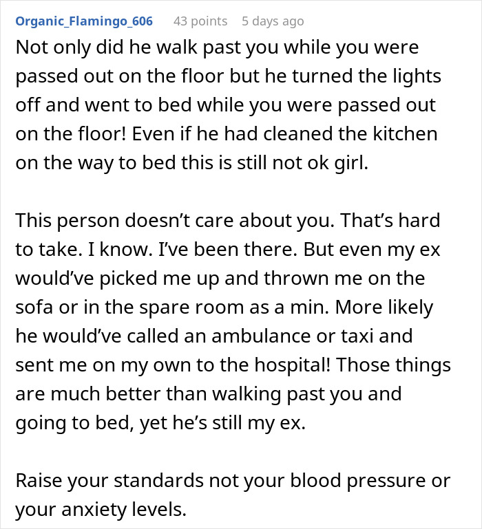 Man steps over passed out wife and goes to bed leaving her behind, showing neglect and lack of care.