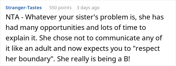 Screenshot of a forum comment discussing a woman forbidding her brother-in-law from talking to her despite seeing nephew less.