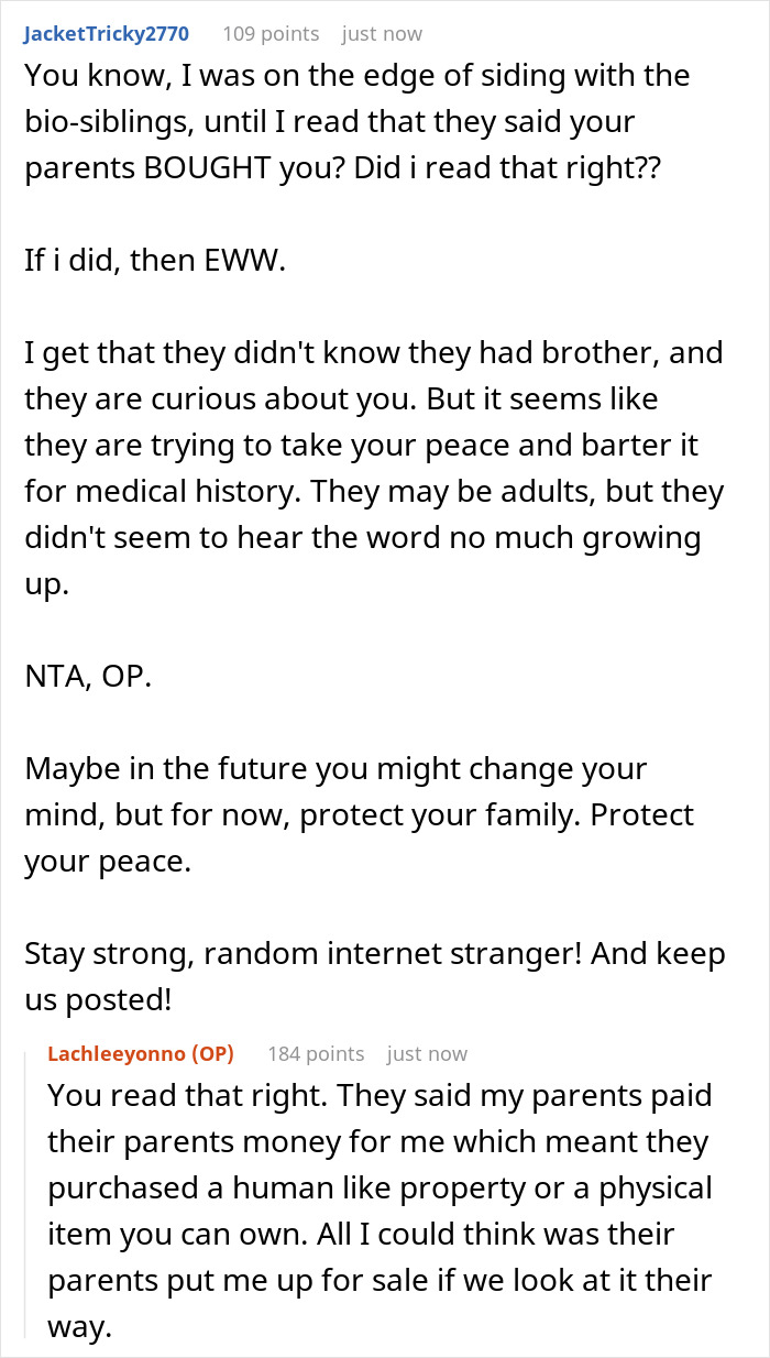 Screenshot of a Reddit conversation discussing a man&rsquo;s birth family tracking him down after abandoning him.