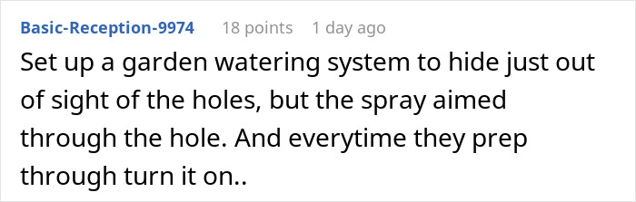 Comment discussing setting up a garden watering system aimed through holes drilled in a fence to spy.