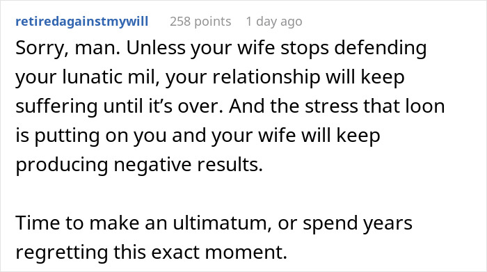 Screenshot of Reddit comment discussing relationship stress caused by lunatic MIL digging through trash and being banned from visiting couple.