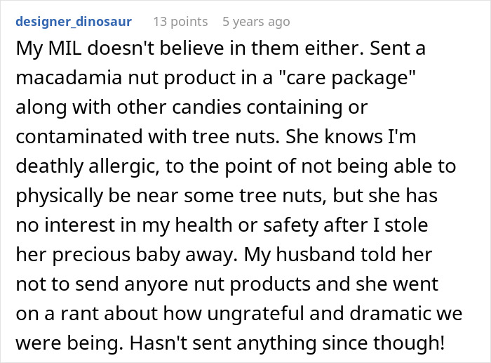 Comment about a mother-in-law ignoring severe allergy warnings, sending nut products despite the child's risk.