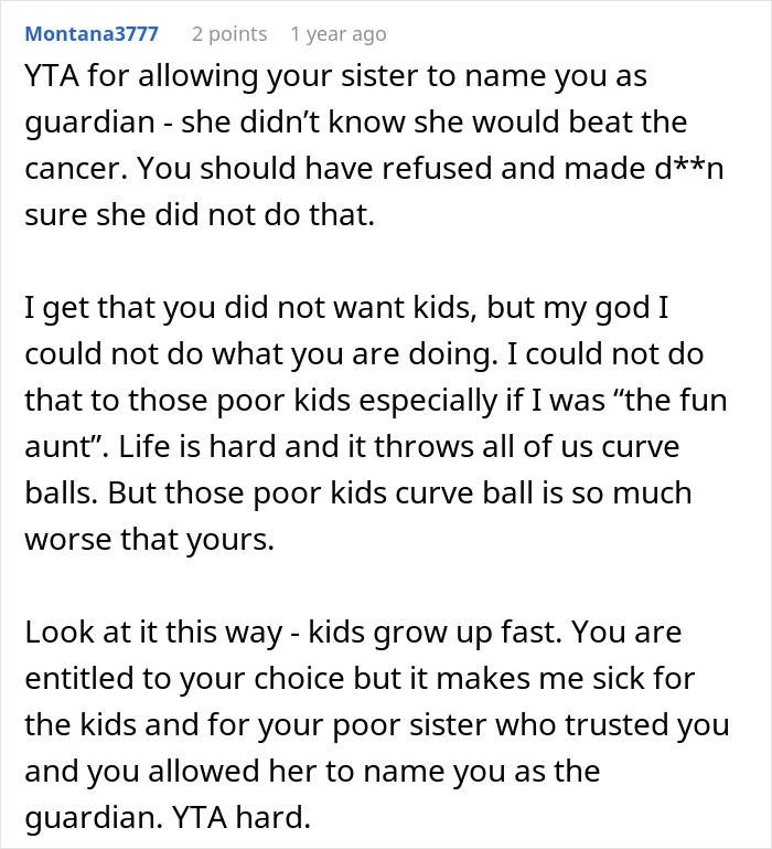 Comment about woman’s life turning upside down after late sister’s dying wish involving kids and guardianship responsibility. Comment about woman’s life turning upside down after late sister’s dying wish involving kids and guardianship responsibility.