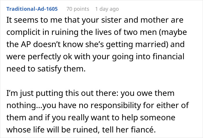 Text comment criticizing sister and mother for financial demands, related to woman uninviting sister from wedding over gift refusal.