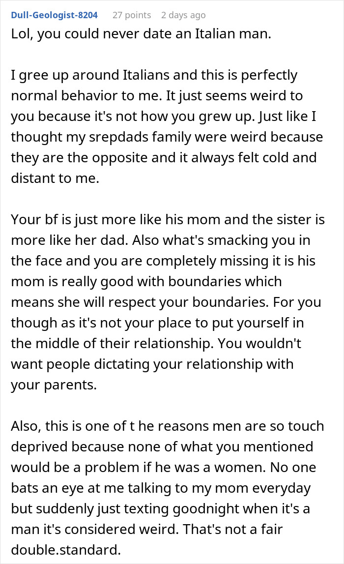 Comment discussing woman struggling with boyfriend being affectionate with his mom and relationship boundaries perspective.