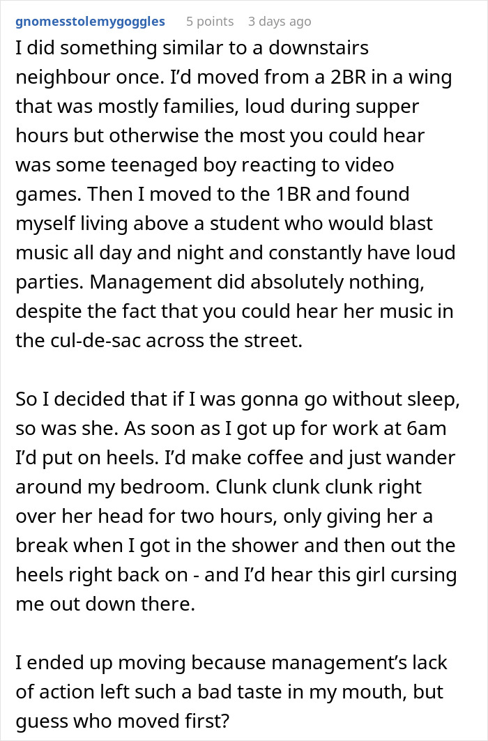 Text post describing a student blasting music loudly at 2 a.m., prompting petty revenge from a neighbor at 6:30 a.m.