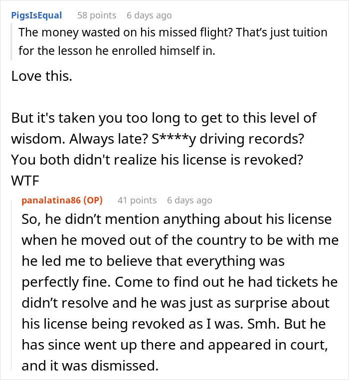 Screenshot of a Reddit thread discussing a man expecting his wife to rescue him after missing his flight and learning a lesson instead.