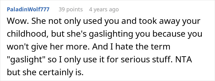 Comment on a forum discussing siblings who take care and refuse support from their mother, highlighting emotional manipulation.