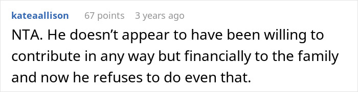 Screenshot of a Reddit comment discussing a husband who refuses to work or help out financially.