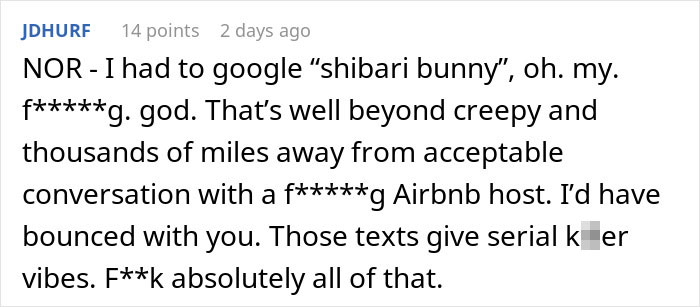 Screenshot of a comment describing creepy and worrying Airbnb host texts giving unsettling and creepy vibes to a woman.