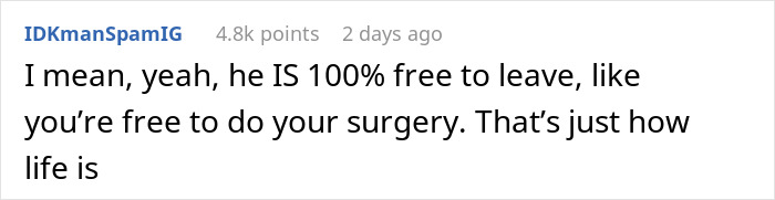 Comment discussing a man giving his wife an ultimatum over plastic surgery and relationship freedom.