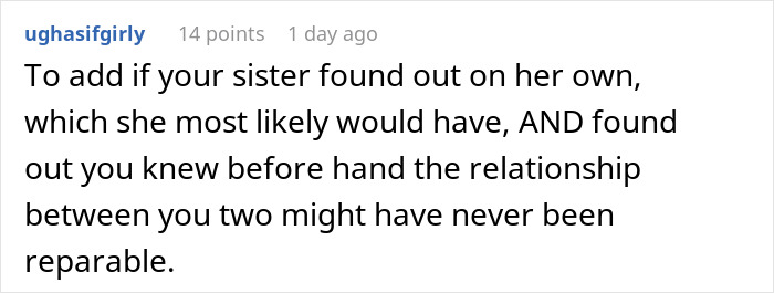 Reddit comment discussing discovery of cheating by brother-in-law and its impact on family relationships.