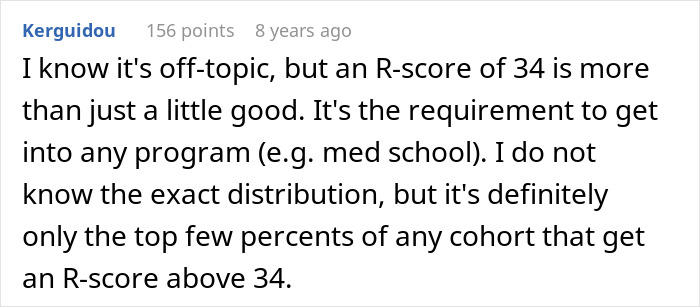 Screenshot of a Reddit comment explaining that an R-score above 34 is required for competitive programs like med school. Screenshot of a Reddit comment explaining that an R-score above 34 is required for competitive programs like med school.
