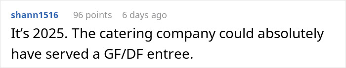 Screenshot of a Reddit comment discussing issues with accommodating a friend's diet at a wedding and food drama.