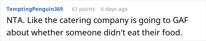 Reddit comment discussing drama when a couple can&rsquo;t accommodate friend&rsquo;s diet at the wedding and she brings her own food.