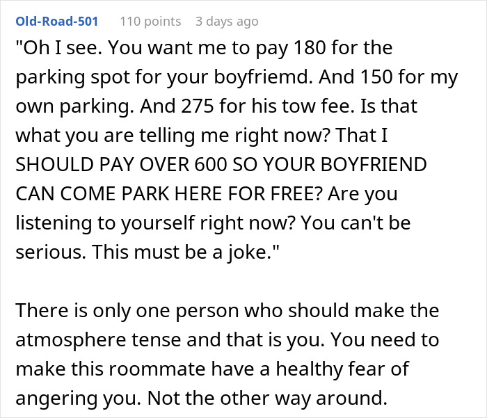 Alt text: Woman confronts roommate about boyfriend stealing parking spot and tow fees after car is towed overnight. Alt text: Woman confronts roommate about boyfriend stealing parking spot and tow fees after car is towed overnight.