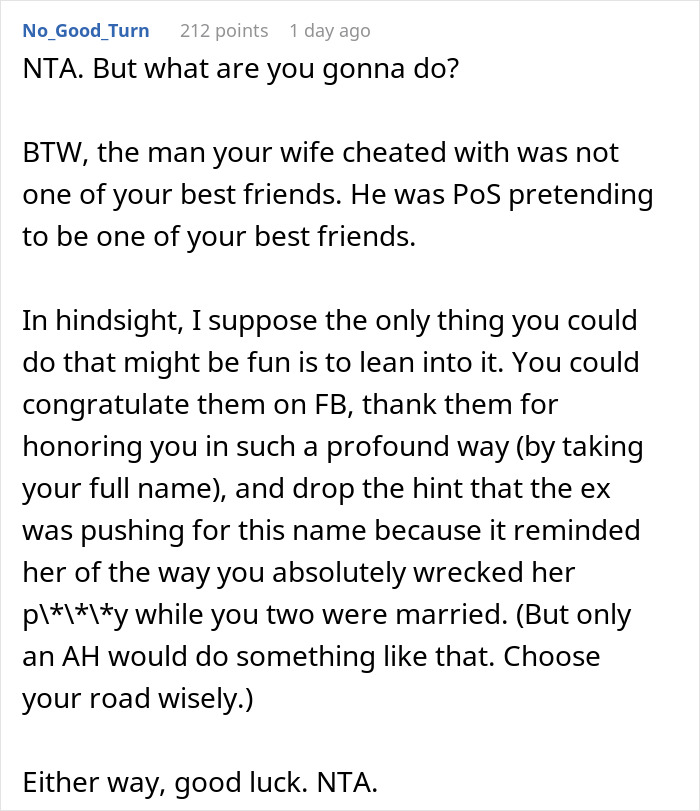 Screenshot of a Reddit comment discussing a man discovering his ex-wife and her new husband legally changed their name to his full name.