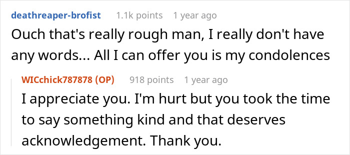 Reddit conversation showing a user sharing feelings about discovering husband&rsquo;s affair baby while setting up WIC profile at work.