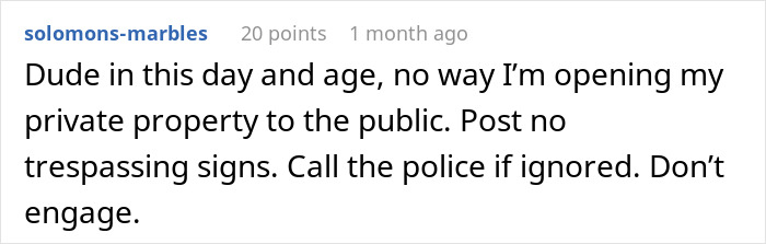 Comment about private land and dog walking rules, emphasizing no trespassing signs and police involvement if ignored.