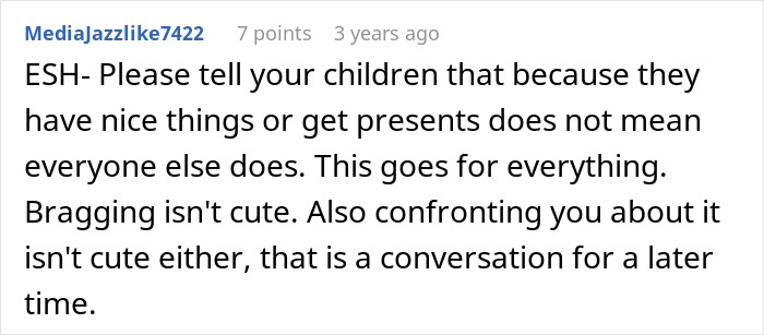 Screenshot of an online comment about keeping daughters in line and kids discussing Easter gifts with a strong opinion.
