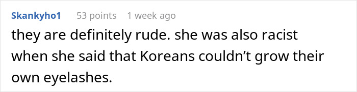 Text comment about rude and racist remarks towards Koreans, reflecting years of MIL&rsquo;s disrespectful behavior.