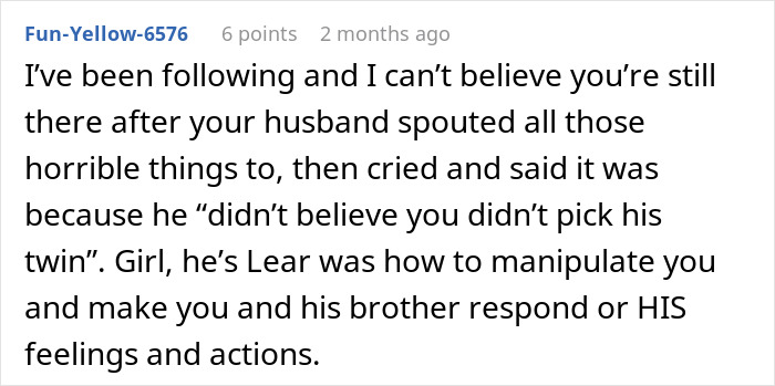Comment about man joking to trade wife for younger woman with twin brother offering to date her instead.