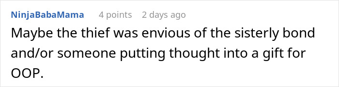 Screenshot of a social media comment discussing envy and a gift related to a purse fiasco ending a long friendship.