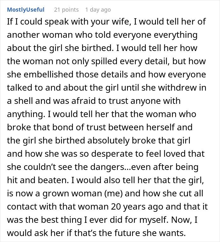 Comment explaining telling wife why daughter doesn&rsquo;t trust, reflecting on broken trust and healing efforts.