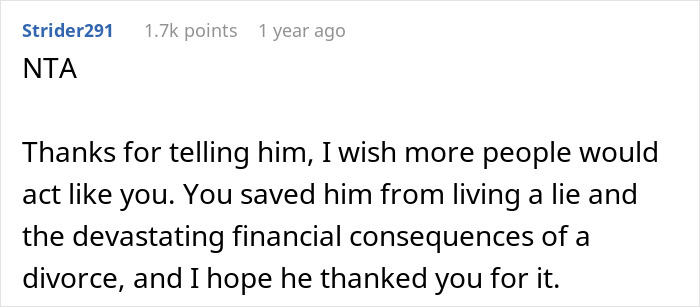 Comment expressing support for woman who reveals friend's heavy secret to fianc&eacute; before wedding to prevent future harm.