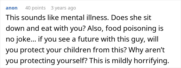 Comment expressing concern about cheap MIL feeding spoiled food and bullying son and his girlfriend into eating it.
