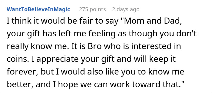 Screenshot of an online comment expressing a teen&rsquo;s disappointment and hurt over parents&rsquo; 18th birthday gift.