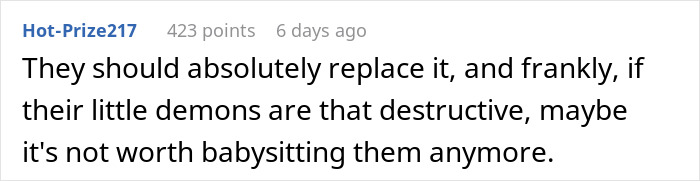 Comment discussing whether to replace a babysitter&rsquo;s laptop damaged by a kid pouring water and smashing it to the ground.